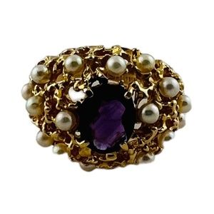 14K Yellow Gold Oval Amethyst and Pearl Dome Ring Size 6.75 #15677